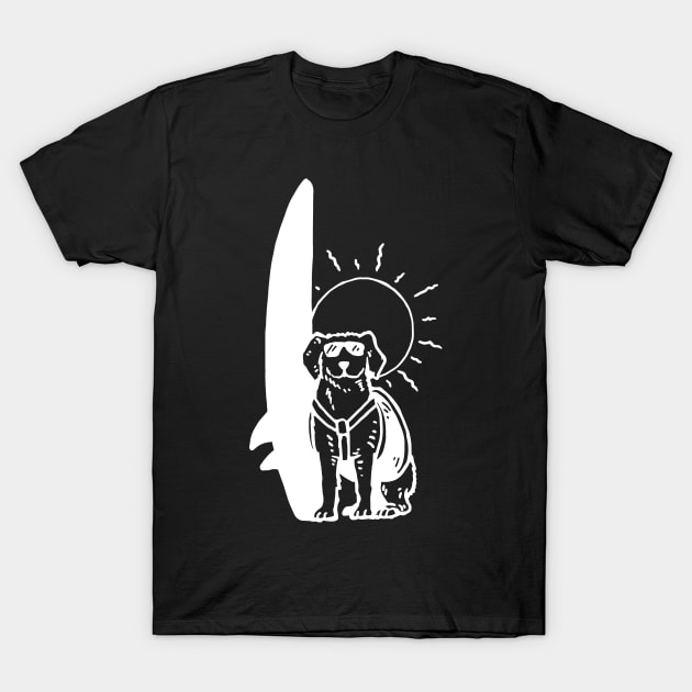 Surfing Dog White on Black T-Shirt by evergreen_brand